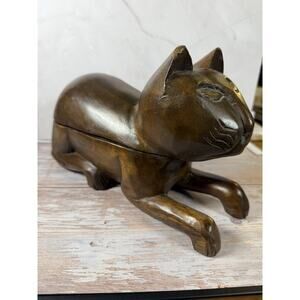 Pier 1 Wooden Cat Hidden Storage Trinket Box Folk Art Wooden Eclectic MCM Art